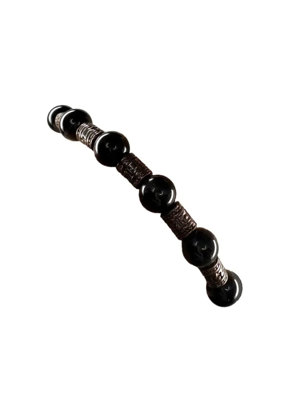 8mm Natural Black Obsidian Stretch Beaded Bracelet Silver Alloy Spacer Charm